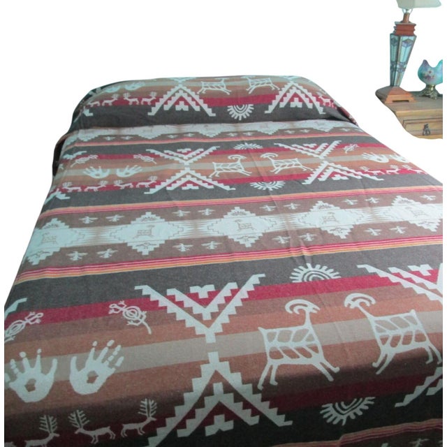 Pendleton Woolen Mills Pendleton Southwest Rock Art Petroglyph Wool Bedspread King Earth Tone Small Holes For Sale - Image 4 of 14