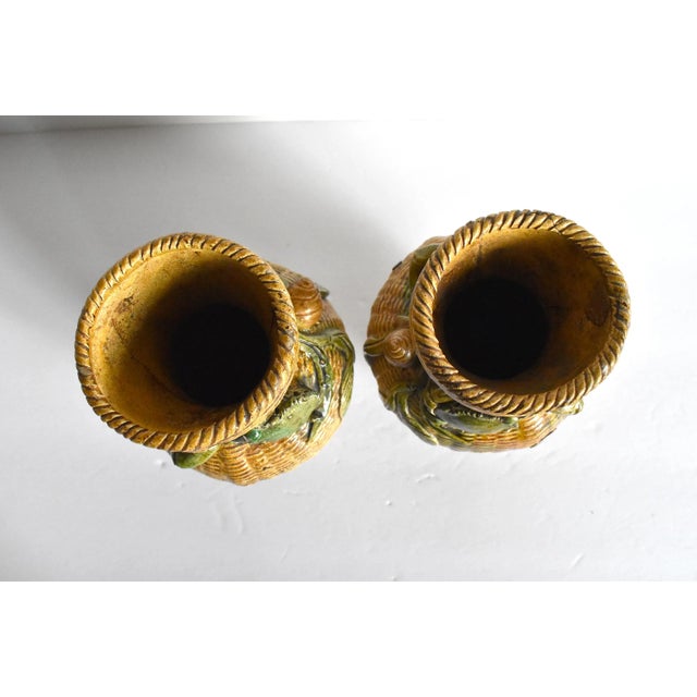 Antique Meiji Japanese Basketweave Vases With Crabs and Snails - a Pair For Sale - Image 11 of 13