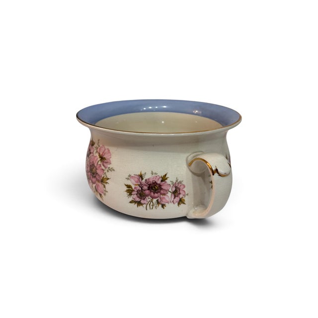 Shabby Chic Vintage Floral Porcelain Chamber Pot With Blue Interior & Gilt Accents For Sale - Image 3 of 4