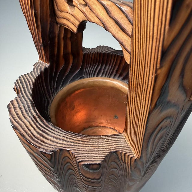 Sugi Wooden Japanese Ikebana Vase with Copper Reservoir, 1960s For Sale - Image 11 of 13