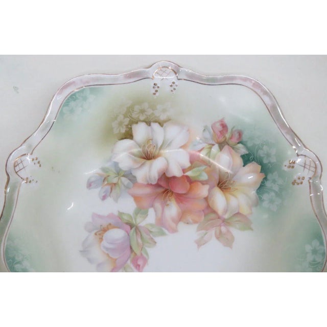 Rs Germany Porcelain Large Floral Pink Lily Flowers Green Bowl For Sale - Image 10 of 11