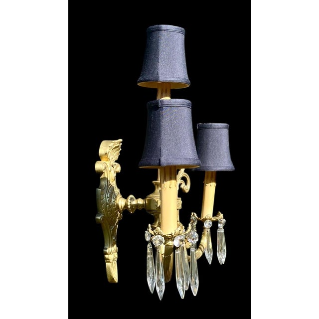 Antique French Gilt Bronze Three Light Sconce Black Silk Shades Crystal Prisms For Sale - Image 12 of 13