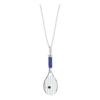Tennis Racket Blue Lapis Lazuli Handle Green Emerald Tennis Ball Jewelry 18 Karat For Sale