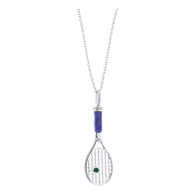 Tennis Racket Blue Lapis Lazuli Handle Green Emerald Tennis Ball Jewelry 18 Karat For Sale