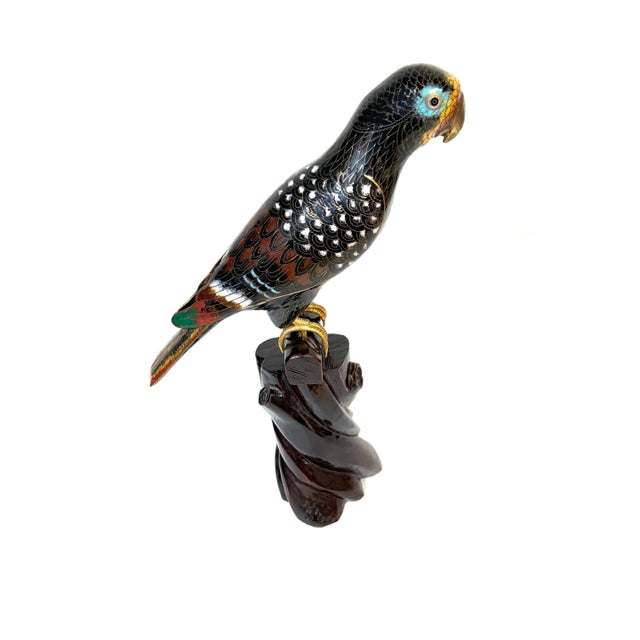 Chinese Cloisonné Parrot on Carved Hardwood Tree Trunk Base Chinese, Circa 1960 For Sale - Image 11 of 13