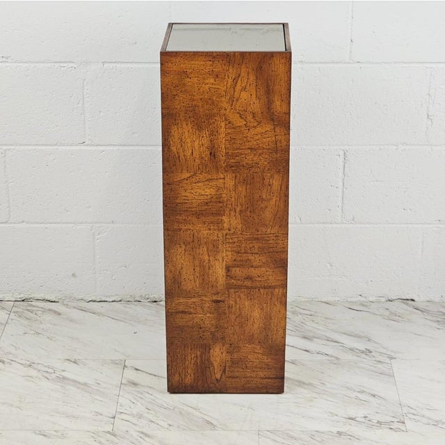 Walnut Patchwork Pedestal With Mirrored Glass Top Attributed To Milo Baughman For Thayer Coggin. In Excellent Condition....