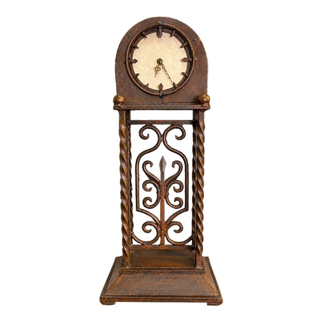1970s Grand Old World Ironwork Table Clock With Architectural Scrollwork, 25" For Sale