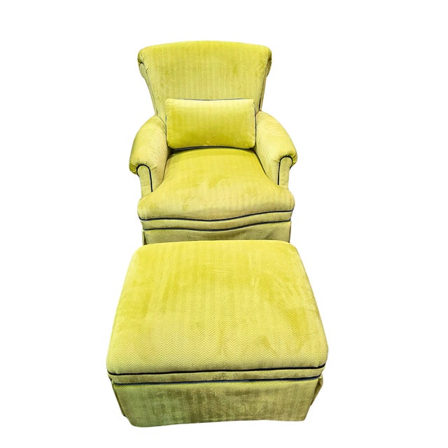 Custom Designer Upholstered Armchair & Ottoman Set – Chartreuse A beautifully crafted, new custom armchair and matching...