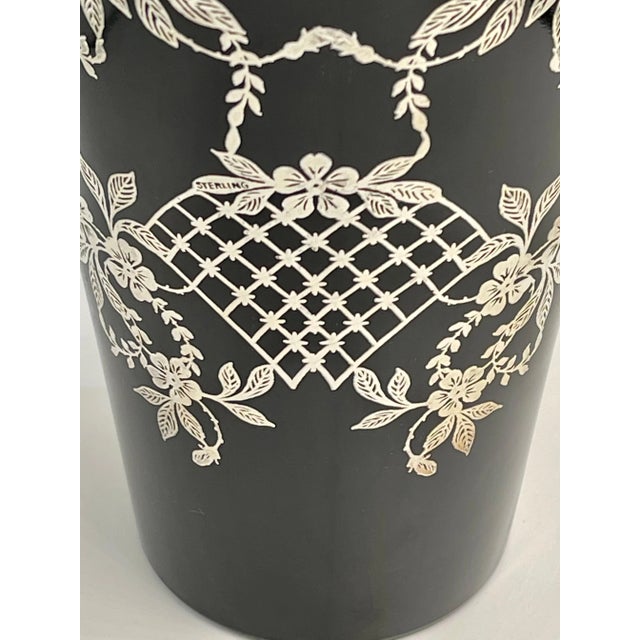 Metal Lattice Flower Floral Sterling Silver Overlay Black Amethyst Glass Vase For Sale - Image 7 of 10