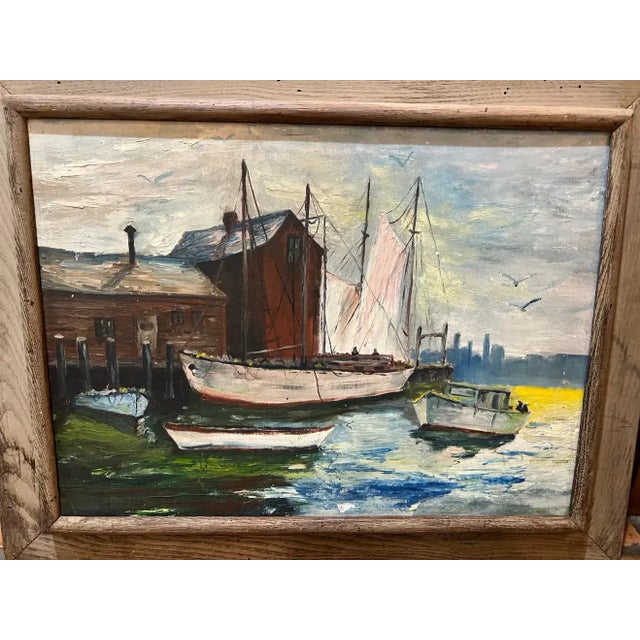 Mid-Century Modern Mid Century Painting of Sailboats in Harbor For Sale - Image 3 of 13