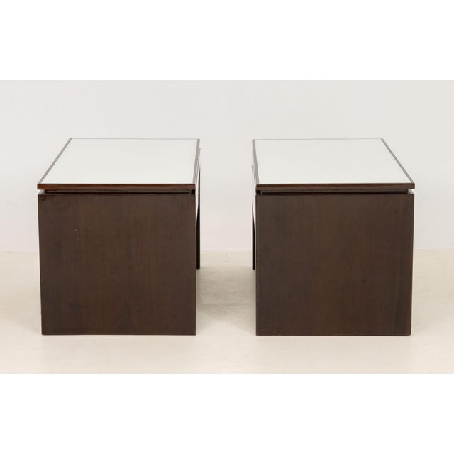 Late 20th Century Modern White Glass and Mahogany Side Tables, Pair For Sale - Image 5 of 7