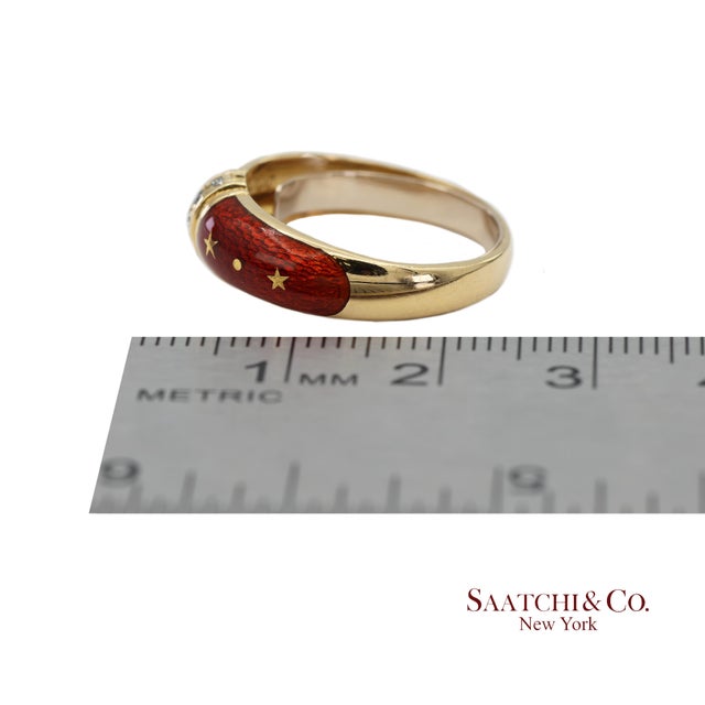 Vintage Faberge 18k (750) Solid Yellow Gold Red Enamel Diamond Ring, Size 7.5 For Sale - Image 11 of 12