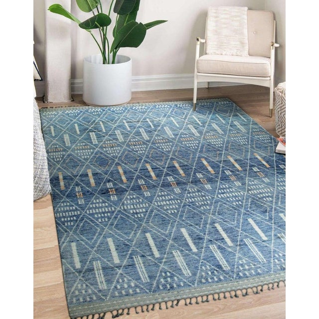 New Modern Contemporary Light Blue Hand-Knotted Wool Pile Geometric Tribal Moroccan Berber Diamond Design Room Size 9x12 Rug Carpet For Sale In New York - Image 6 of 7