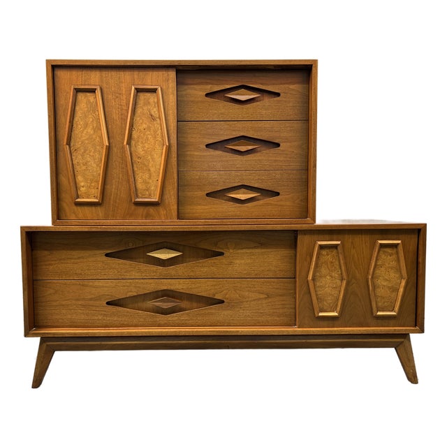 Mid-Century Two Piece Walnut and Burl Diamond Front High-Boy Dresser For Sale