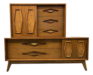 Mid-Century Two Piece Walnut and Burl Diamond Front High-Boy Dresser