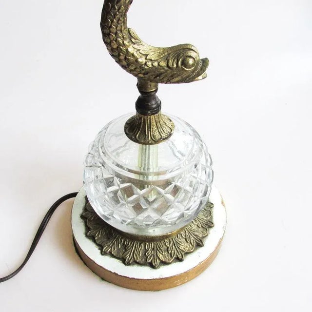 Vintage Brass Dolphin Form Lamps With Glass Fonts, Rewired - a Pair For Sale In New York - Image 6 of 12