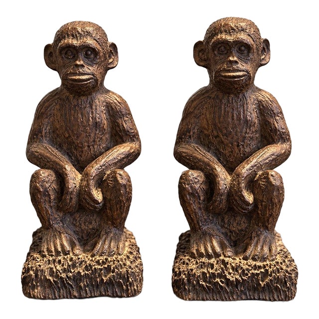 Vintage Melannco Chimpanzee Monkey Bookends – Faux Bronze Finish – Set of 2 For Sale