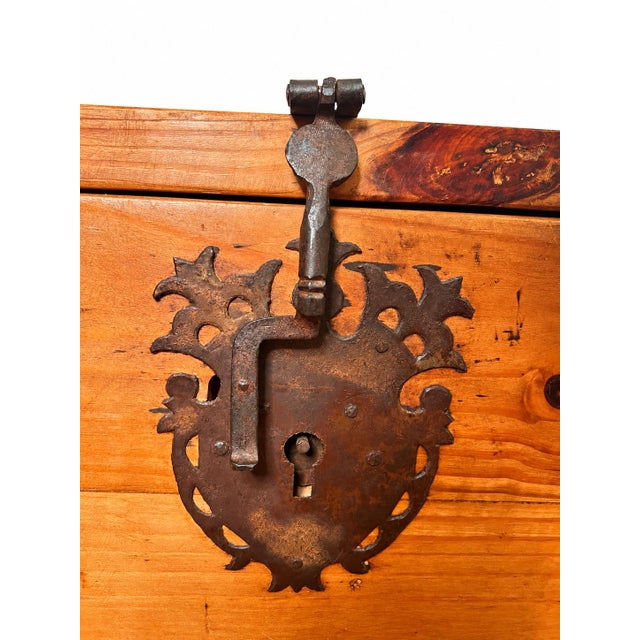 Spanish Colonial Style Wood Trunk With Ornate Iron Hardware For Sale - Image 4 of 12