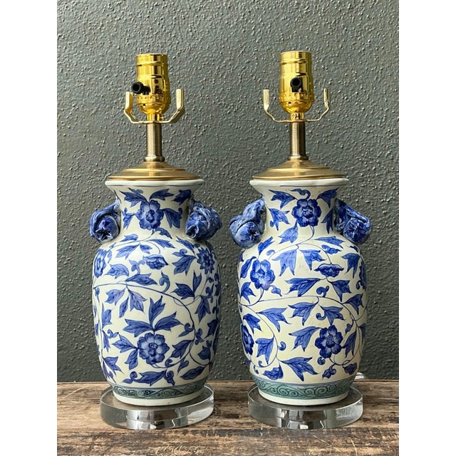 Vintage Asian Blue and White Floral Ceramic Lamps - A Pair For Sale - Image 11 of 12