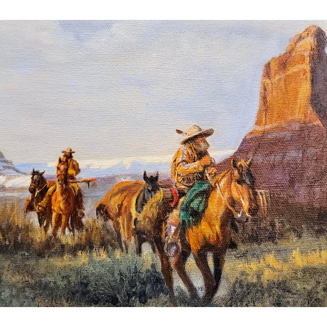1990s John Phelps- Fur Trappers on Horseback in the Wild West-Oil Painting For Sale - Image 5 of 9