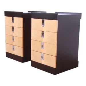 Baker Furniture Mid-Century Modern Birdseye Maple and Ebonized Bedside Chests, Newly Refinished