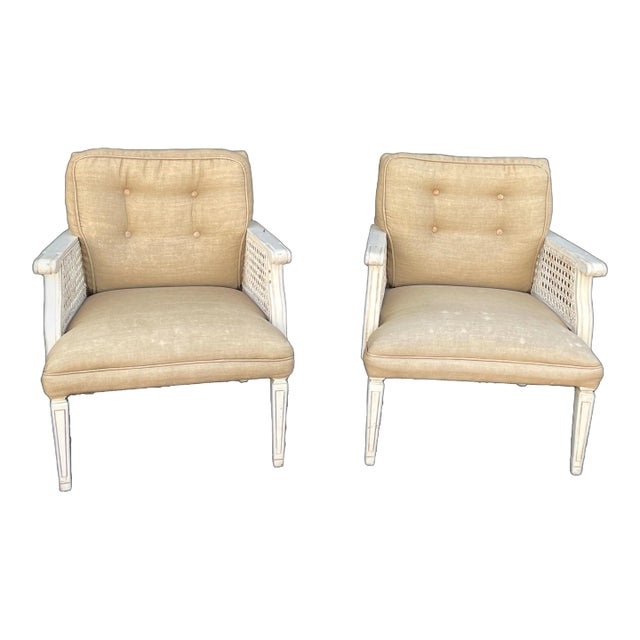 Vintage Painted Caned Armchairs- a Pair For Sale