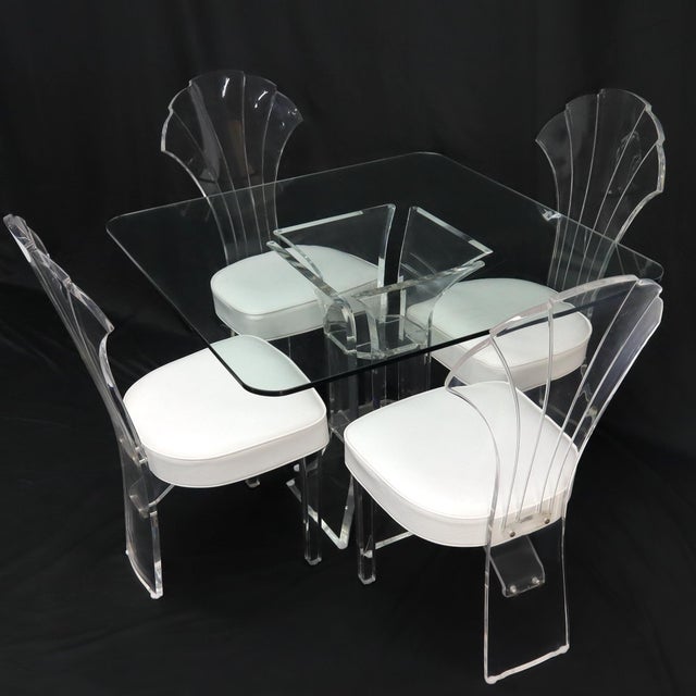 Set of 4 Lucite Dining Chairs Square Dining Table on Single Pedestal Base For Sale - Image 16 of 18