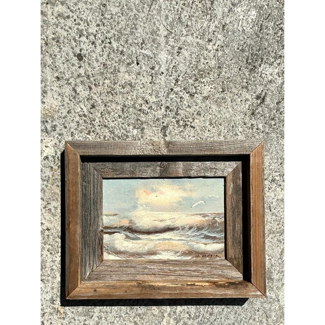Sky Blue Vintage Coastal Original Seascape Oil on Board For Sale - Image 8 of 9