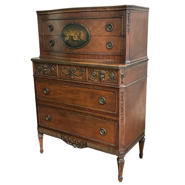 Neoclassical Early 20th Century Neoclassical Mahogany Chest on Chest With Hand-Painted Oval Medallion & Bronze Ormolu For Sale - Image 3 of 12