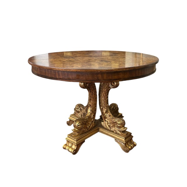 Mid 20th Century Impressive Regency Burled Fruitwood Pedestal Center Table With Gilded Dolphin Base For Sale In New York - Image 6 of 14