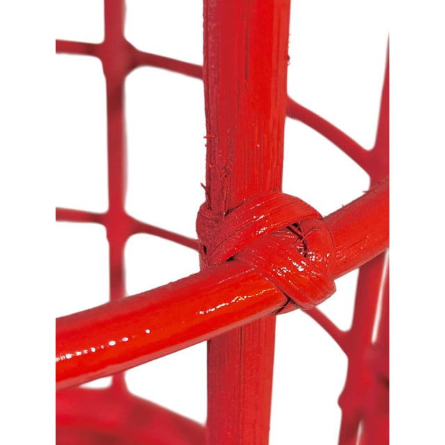 Vintage Lacquered Raspberry Red Mid Century Rattan Bamboo Umbrella Stick Stand For Sale - Image 6 of 13