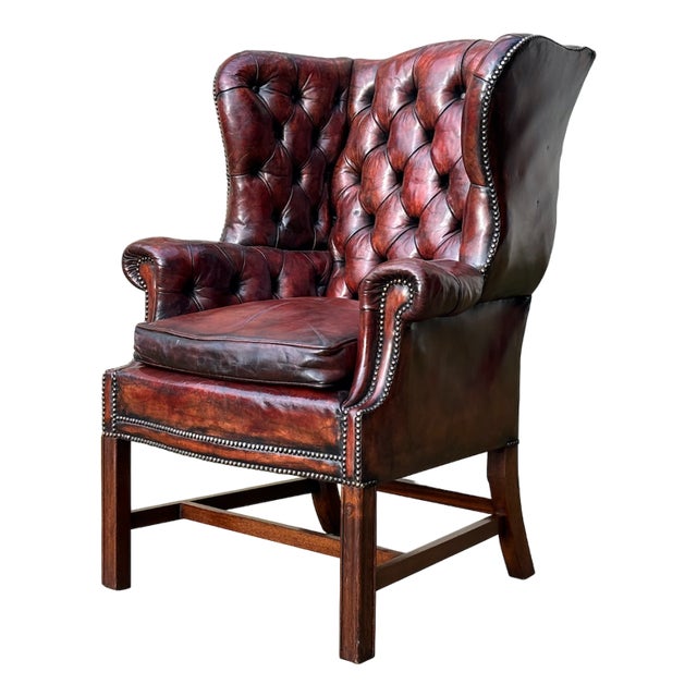 Antique Burgundy Brown Leather Wing Chair, 1880 For Sale