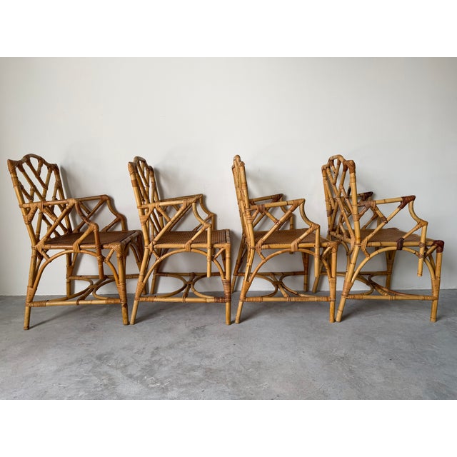 1970s Vintage Italian Dal Vera Chippendale Style Bamboo & Rattan Dining Chairs - Set of Four For Sale - Image 5 of 17