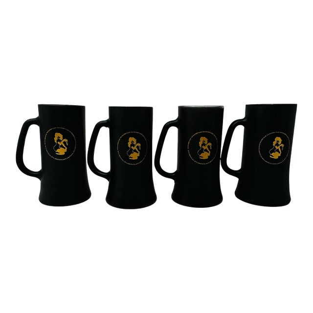 1960s the Playboy Club Matte Black & Gold Glass Beer Steins - Set of 4 For Sale