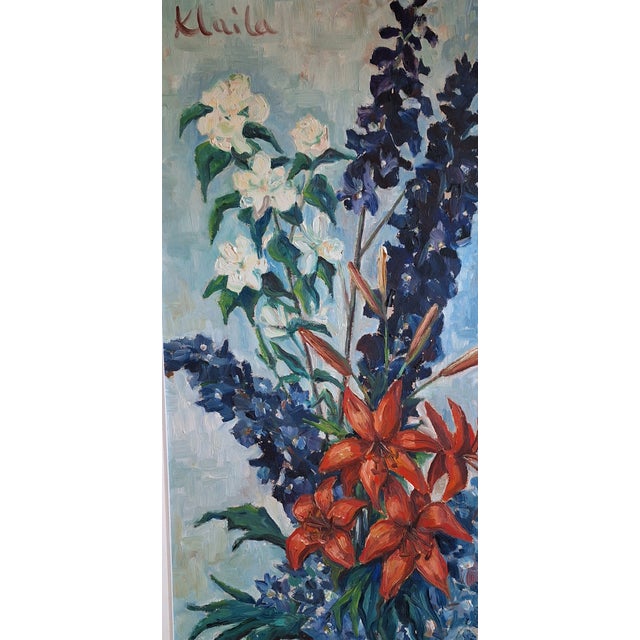 Klaila, Floral Still Life with Delphiniums, Lilies and Mallow, 1970s, Oil Painting on Chipboard, Framed For Sale