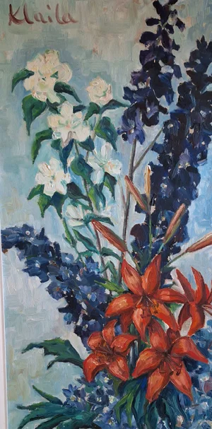 Klaila, Floral Still Life with Delphiniums, Lilies and Mallow, 1970s, Oil Painting on Chipboard, Framed