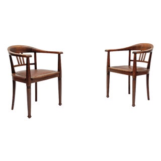 Vintage German Art Deco Armchairs in Wood and Leather, 1930s, Set of 2 For Sale