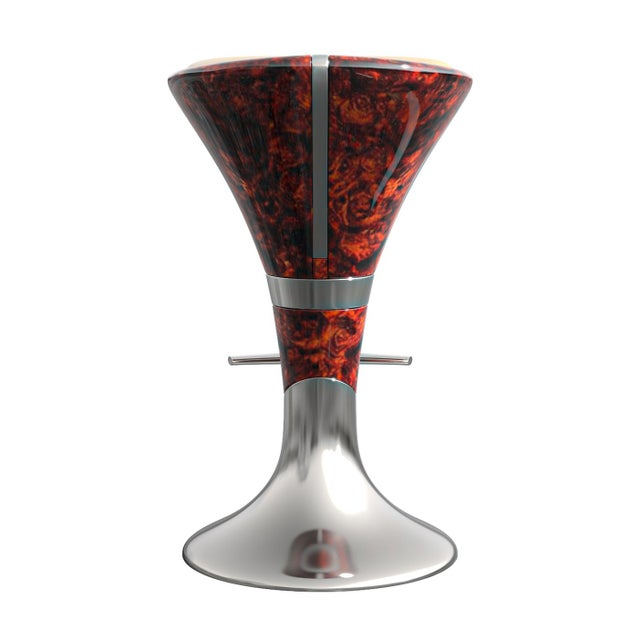 Art Deco "Il Destino" Bar Stool With Burl Walnut, Stainless Steel, Hand Crafted For Sale - Image 3 of 12