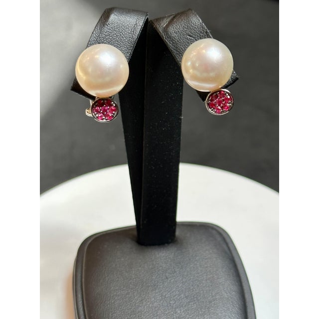 Metal 14 Mm Round South Sea Pearl & Ruby Cocktail Stud Earrings 18 Karat White Gold For Sale - Image 7 of 8