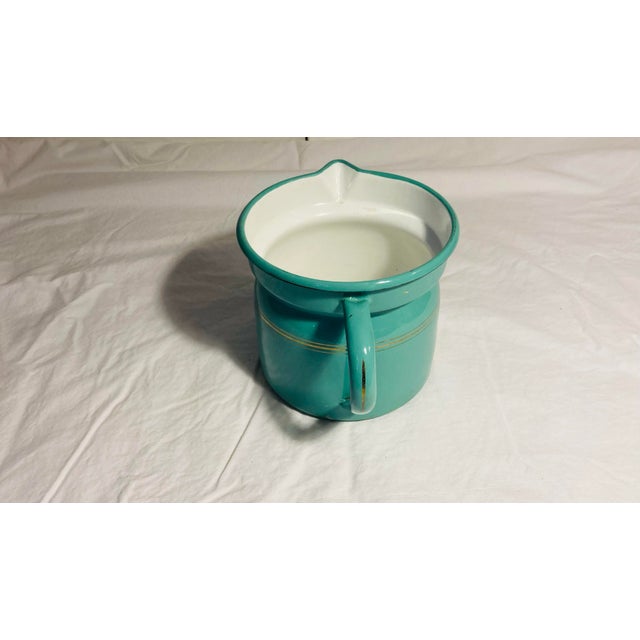Traditional Vintage Large Enamelware Pitcher Aqua With White Interior Double Gold Stripes For Sale - Image 3 of 7