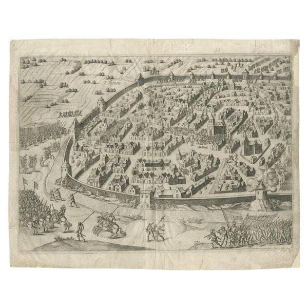 Antique map titled 'Thienen'. Old map of Tienen showing the siege of Tienen in 1588. This map originates from 'La...