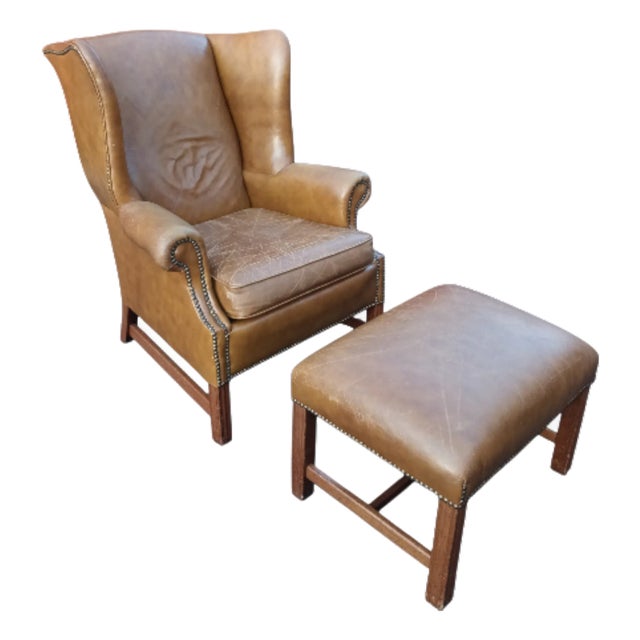 Wingback Leather Armchair and Matching Ottoman by Classic Leather. For Sale
