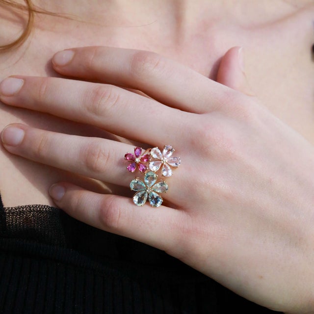 Metal Nina Zhou 6.46ctw Aquamarine, Morganite, Pink Tourmaline & Diamond Flower Cocktail Ring (All Sizes Available) For Sale - Image 7 of 8