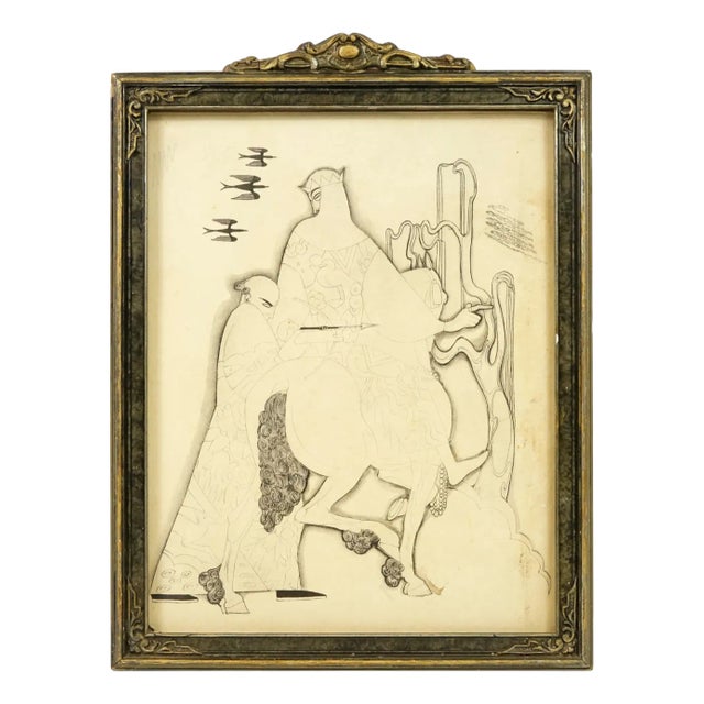 French Artist, Art Nouveau Figures, Ink Drawing on Paper, Late 19th-Early 20th Century, Framed For Sale