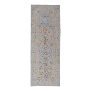 Hand-Knotted Floral Medallion Oushak Runner in Blue and Yellow