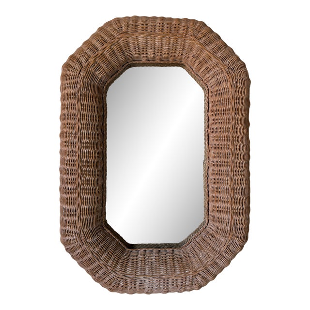 1980s Vintage Coastal Organic Woven Wicker Octagonal Wall Mirror For Sale