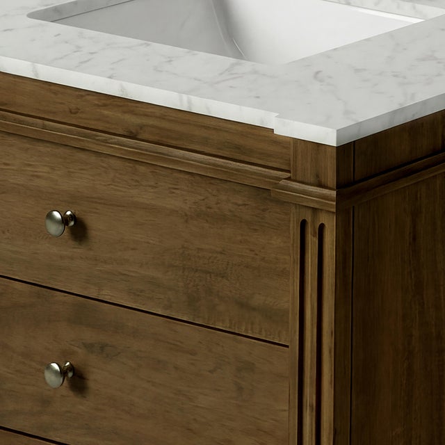 Brown Rachelle 60 in. W Carrara Marble Top 6 Drawer Double Bathroom Vanity, Brown For Sale - Image 8 of 9