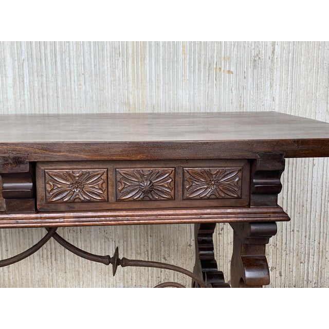 19th Century Walnut and Wrought Iron Desk With Two Drawers and Lyre Legs For Sale - Image 11 of 13