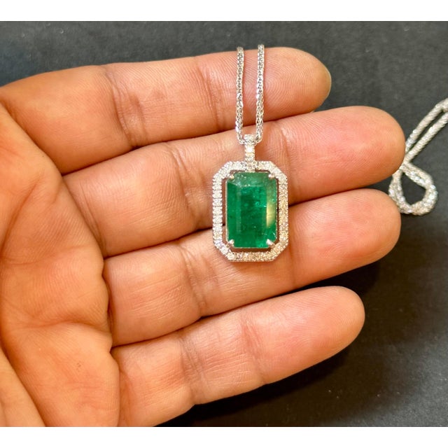 GIA Certified 8 Ct Natural Emerald Cut Emerald & Diamond Pendant, 14KWG Chain For Sale - Image 17 of 18