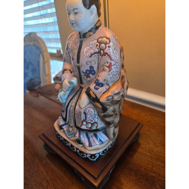 Ceramic Chinoiserie Asian Figural Porcelain Lamp For Sale - Image 7 of 12